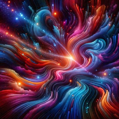 The primary subject of the image is a vibrant, colorful, and abstract artwork. The setting is a space with a backdrop of stars, creating a celestial atmosphere. The visual style is a combination of digital art and illustration, with a focus on the intricate patterns and colors. The dominant colors are blue, red, and orange, which contribute to the lively and energetic mood of the artwork.